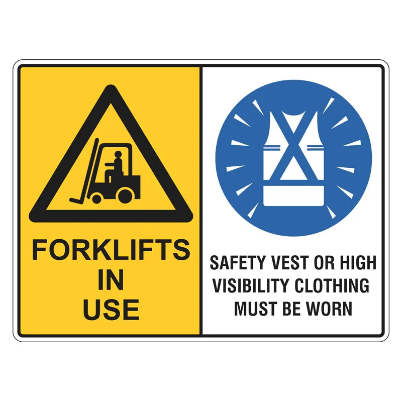 Warning Sign - Forklifts In Use, Safety Vests Must Be Worn